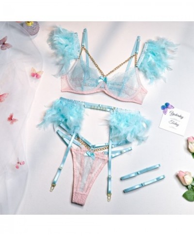 3-Piece Feather Decorated Lace Exotic Sets Women Sexy Lingerie Set Chain Panty Garter Fancy Luxury Kit $24.71 - Underwear