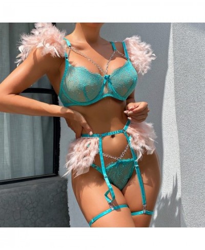 3-Piece Feather Decorated Lace Exotic Sets Women Sexy Lingerie Set Chain Panty Garter Fancy Luxury Kit $24.71 - Underwear