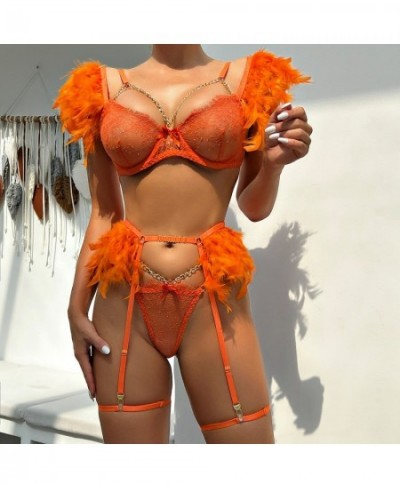 3-Piece Feather Decorated Lace Exotic Sets Women Sexy Lingerie Set Chain Panty Garter Fancy Luxury Kit $24.71 - Underwear