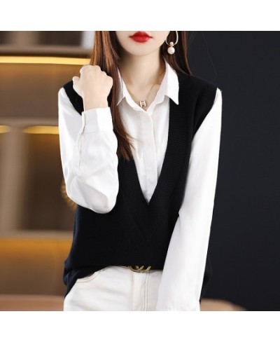 Autumn 100%Pure Wool Knit Vest Women New High-End Sleeveless Sweater take out V-Neck Cashmere Loose waistcoat Female Tops $67...