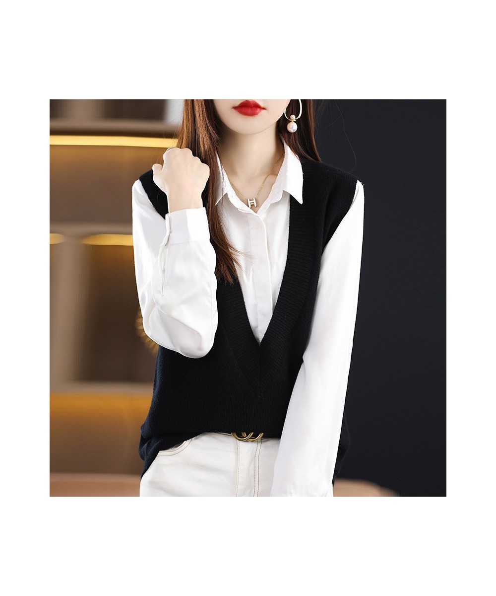 Autumn 100%Pure Wool Knit Vest Women New High-End Sleeveless Sweater take out V-Neck Cashmere Loose waistcoat Female Tops $67...