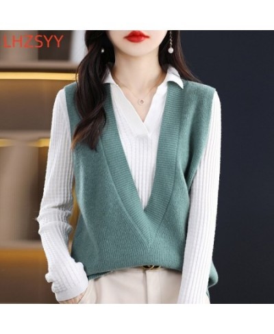 Autumn 100%Pure Wool Knit Vest Women New High-End Sleeveless Sweater take out V-Neck Cashmere Loose waistcoat Female Tops $67...