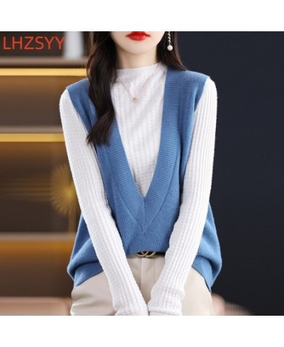 Autumn 100%Pure Wool Knit Vest Women New High-End Sleeveless Sweater take out V-Neck Cashmere Loose waistcoat Female Tops $67...