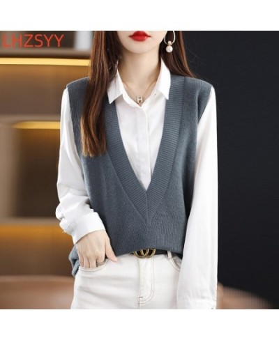 Autumn 100%Pure Wool Knit Vest Women New High-End Sleeveless Sweater take out V-Neck Cashmere Loose waistcoat Female Tops $67...