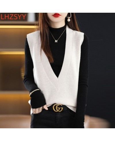 Autumn 100%Pure Wool Knit Vest Women New High-End Sleeveless Sweater take out V-Neck Cashmere Loose waistcoat Female Tops $67...