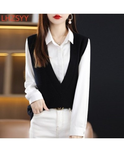 Autumn 100%Pure Wool Knit Vest Women New High-End Sleeveless Sweater take out V-Neck Cashmere Loose waistcoat Female Tops $67...