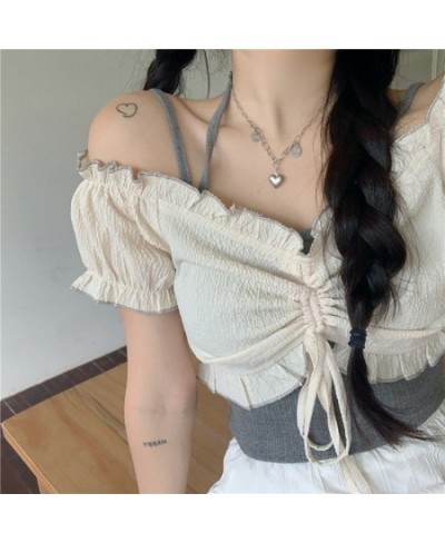 Sets Women Shirring Blouses Sexy Slash Neck Solid Camis Skinny Japanese Students Cropped Folds Ruffles Cute Soft Fashion Casu...