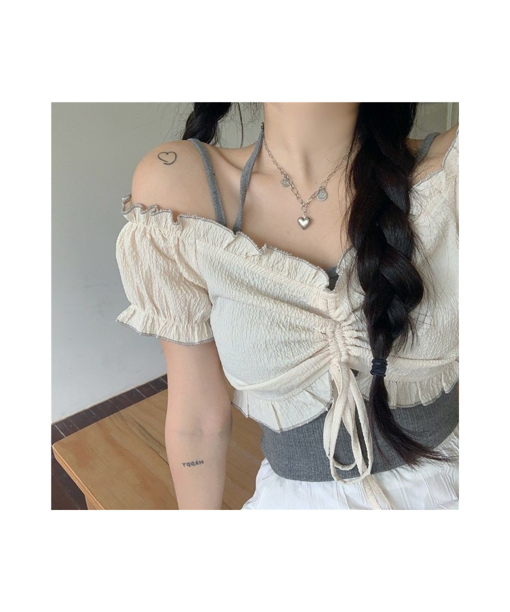 Sets Women Shirring Blouses Sexy Slash Neck Solid Camis Skinny Japanese Students Cropped Folds Ruffles Cute Soft Fashion Casu...