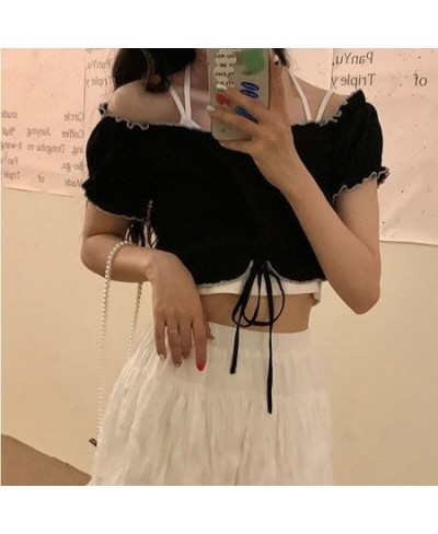 Sets Women Shirring Blouses Sexy Slash Neck Solid Camis Skinny Japanese Students Cropped Folds Ruffles Cute Soft Fashion Casu...