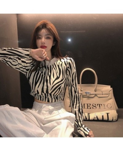 Streetwear Zebra Crop Tops Sweater Women Sexy Long Sleeve O Neck Autumn Pullover Ladies Jumpers Slim Y2k Knit Tops $31.65 - S...