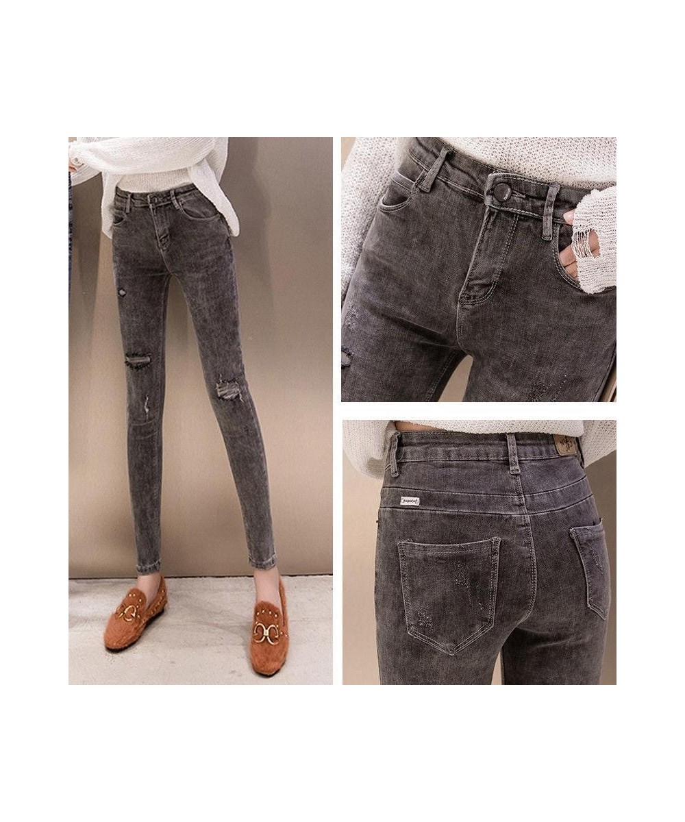 Moto Biker Jeans Women Locomotive Gray Black High Street Skinny Denim Pants Distressed Vintage Slim Ripped Pleated Kot Pantol...