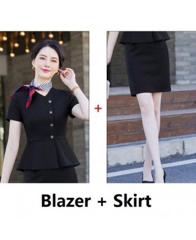 Fashion Summer Women Business Suits Skirt and Blazer Set Short Sleeve Jacket Work Ladies Navy Blue (Scarf Not Included)) $103...