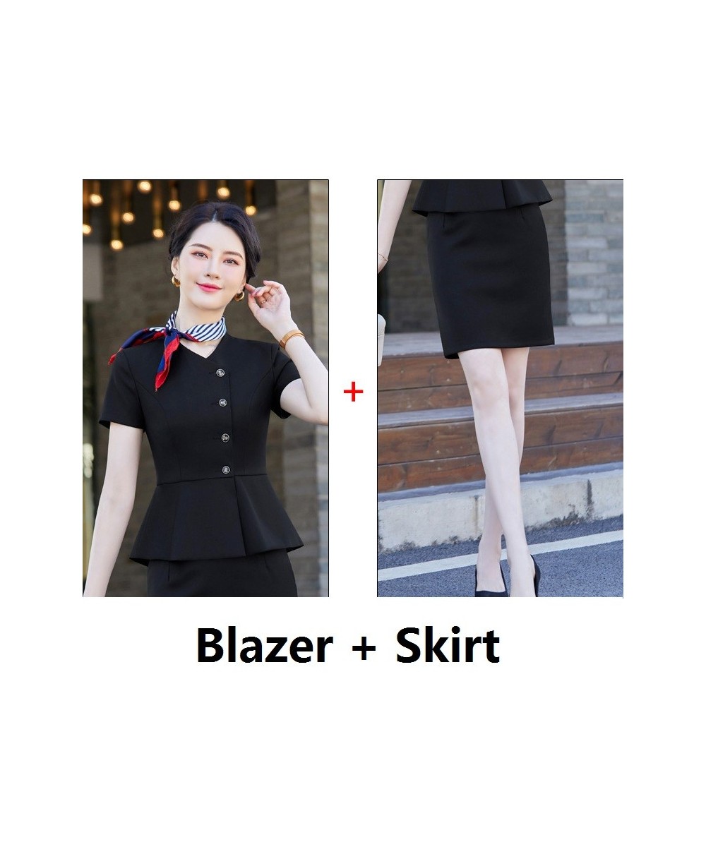 Fashion Summer Women Business Suits Skirt and Blazer Set Short Sleeve Jacket Work Ladies Navy Blue (Scarf Not Included)) $103...