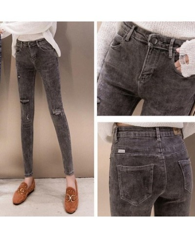 Moto Biker Jeans Women Locomotive Gray Black High Street Skinny Denim Pants Distressed Vintage Slim Ripped Pleated Kot Pantol...