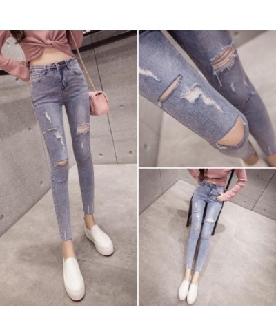 Moto Biker Jeans Women Locomotive Gray Black High Street Skinny Denim Pants Distressed Vintage Slim Ripped Pleated Kot Pantol...