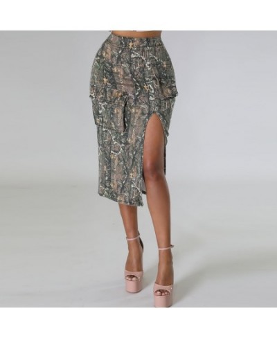 Fashion Women's Skirts High Waist Camouflage Spliced Pockets Split Asymmetric Knee-length Skirts Summer 2023 New 17A7276 $40....