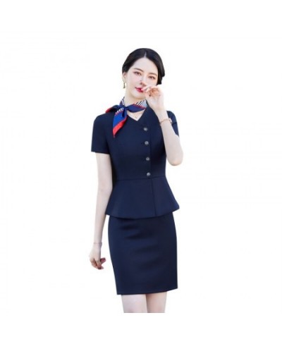 Fashion Summer Women Business Suits Skirt and Blazer Set Short Sleeve Jacket Work Ladies Navy Blue (Scarf Not Included)) $103...