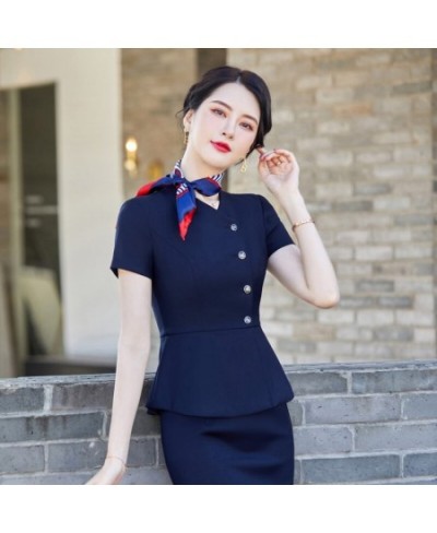 Fashion Summer Women Business Suits Skirt and Blazer Set Short Sleeve Jacket Work Ladies Navy Blue (Scarf Not Included)) $103...