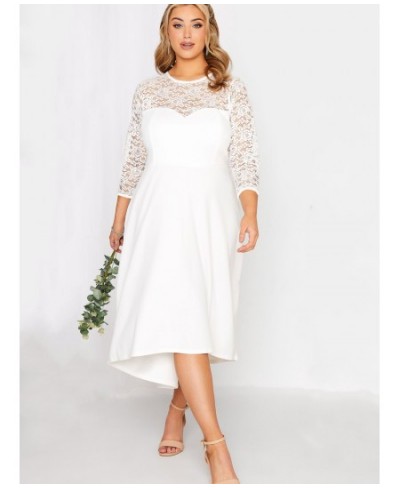 Plus Size 3/4 Lace Sleeve Spring Autumn Elegant Party Dress Women White Flt Flare Midi Dress Large Size Night Out Wedding Dre...