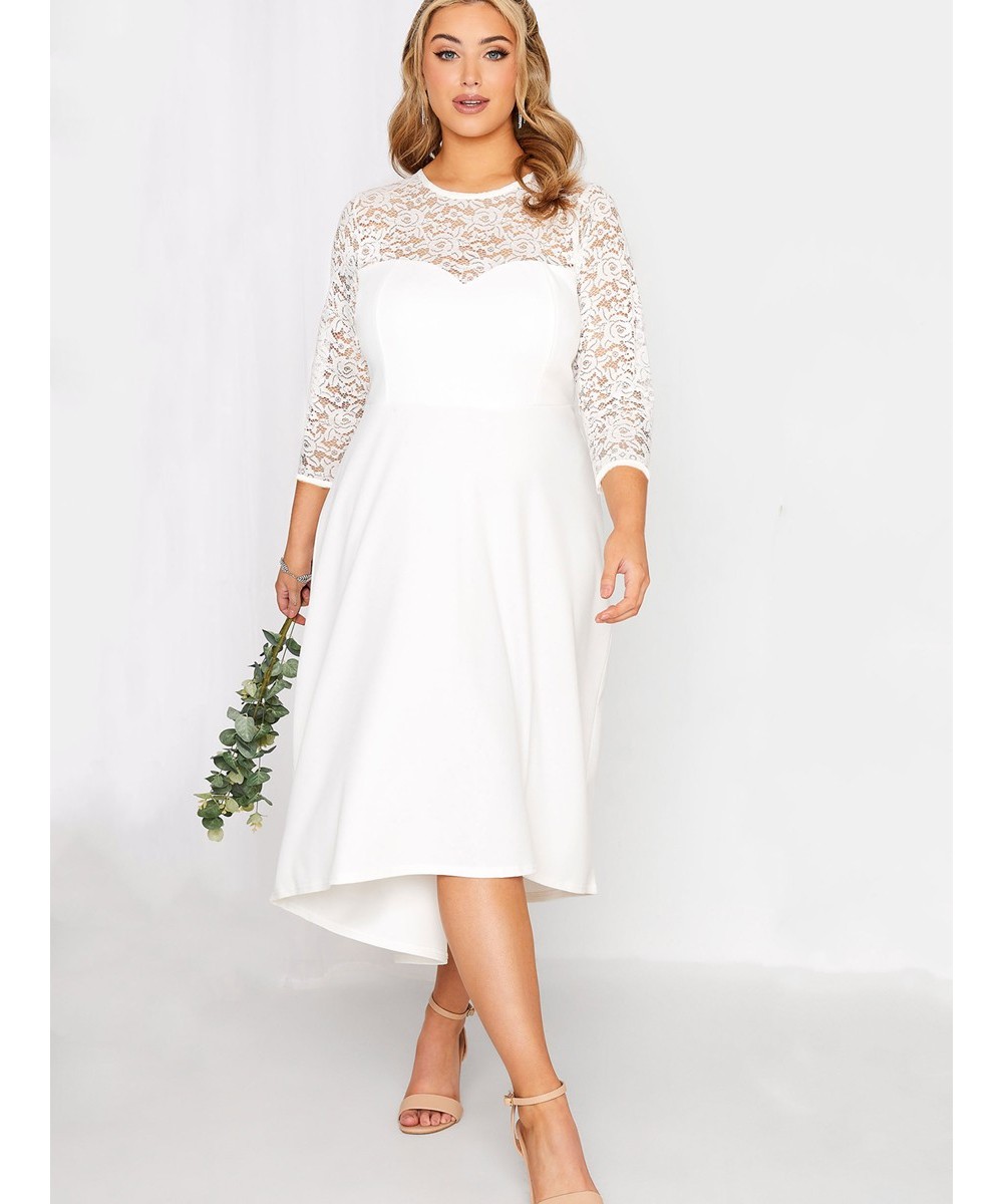 Plus Size 3/4 Lace Sleeve Spring Autumn Elegant Party Dress Women White Flt Flare Midi Dress Large Size Night Out Wedding Dre...