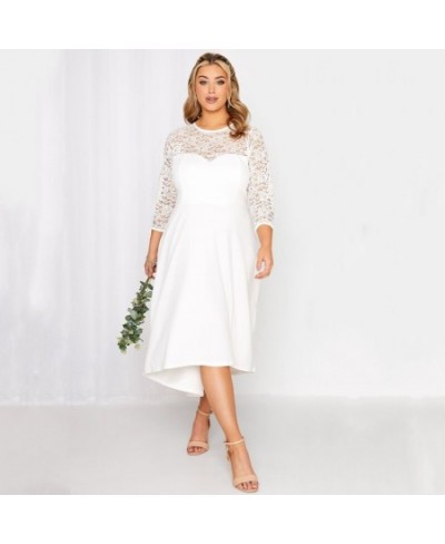 Plus Size 3/4 Lace Sleeve Spring Autumn Elegant Party Dress Women White Flt Flare Midi Dress Large Size Night Out Wedding Dre...