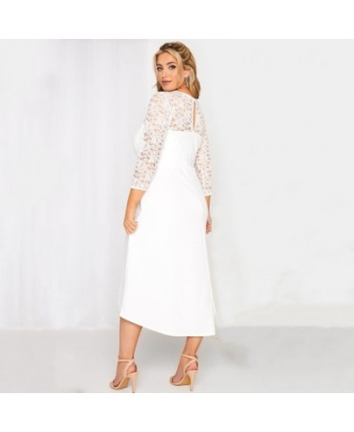 Plus Size 3/4 Lace Sleeve Spring Autumn Elegant Party Dress Women White Flt Flare Midi Dress Large Size Night Out Wedding Dre...