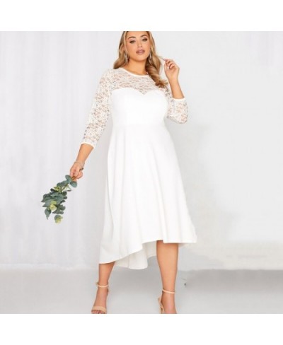 Plus Size 3/4 Lace Sleeve Spring Autumn Elegant Party Dress Women White Flt Flare Midi Dress Large Size Night Out Wedding Dre...