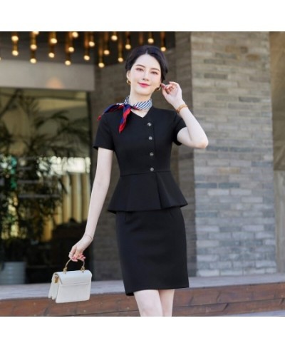 Fashion Summer Women Business Suits Skirt and Blazer Set Short Sleeve Jacket Work Ladies Navy Blue (Scarf Not Included)) $103...