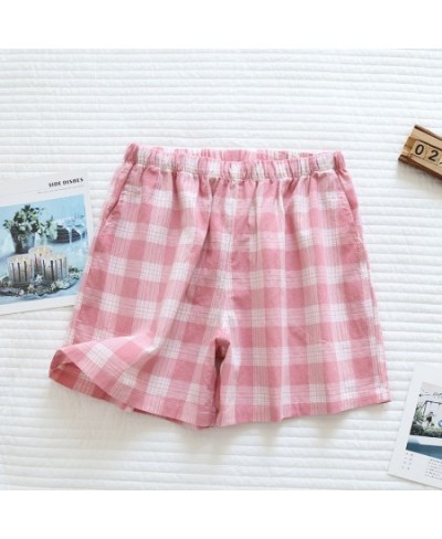 Couple Plaid Pants Cotton Shorts Casual Thin Women Home Pants Loose Elastic Waist Sleep Bottoms Women Pink Plaid Pajama Pants...