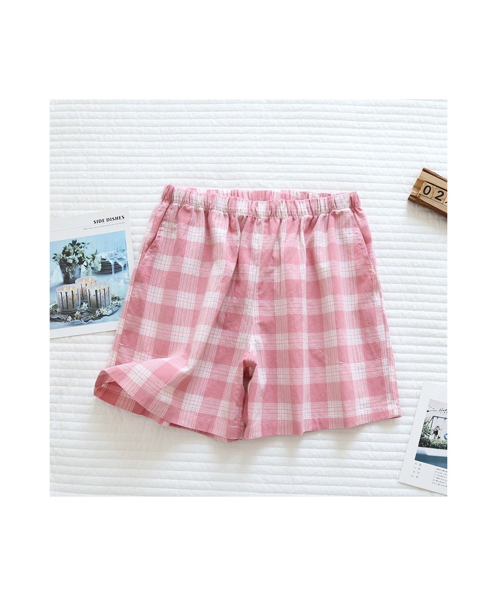 Couple Plaid Pants Cotton Shorts Casual Thin Women Home Pants Loose Elastic Waist Sleep Bottoms Women Pink Plaid Pajama Pants...