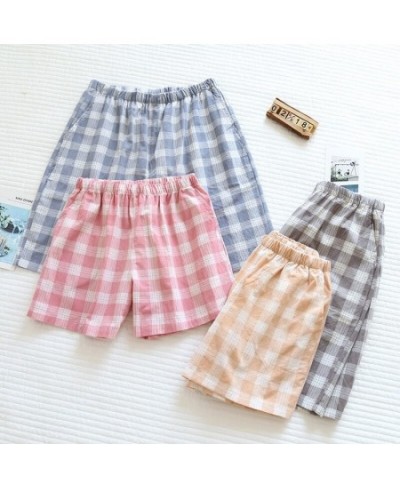 Couple Plaid Pants Cotton Shorts Casual Thin Women Home Pants Loose Elastic Waist Sleep Bottoms Women Pink Plaid Pajama Pants...