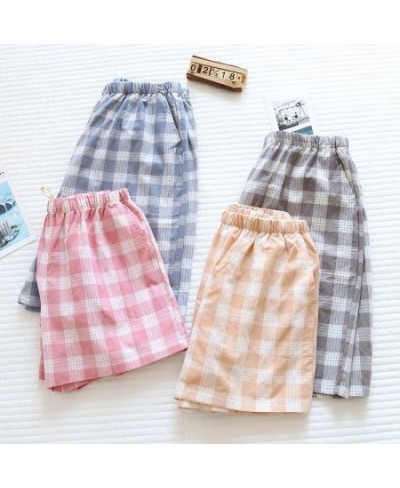 Couple Plaid Pants Cotton Shorts Casual Thin Women Home Pants Loose Elastic Waist Sleep Bottoms Women Pink Plaid Pajama Pants...