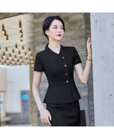 Fashion Summer Women Business Suits Skirt and Blazer Set Short Sleeve Jacket Work Ladies Navy Blue (Scarf Not Included)) $103...