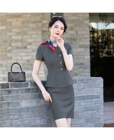 Fashion Summer Women Business Suits Skirt and Blazer Set Short Sleeve Jacket Work Ladies Navy Blue (Scarf Not Included)) $103...