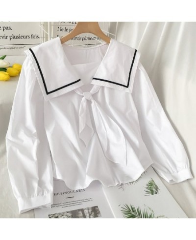 Sailor Collar Blouses Women France Style Bow Puff Sleeve Patchwork Shirts Elegant Casual Chic Fashion Design Simple Students ...