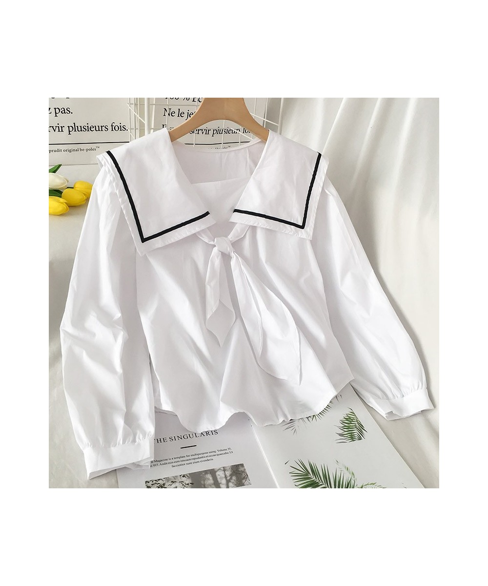 Sailor Collar Blouses Women France Style Bow Puff Sleeve Patchwork Shirts Elegant Casual Chic Fashion Design Simple Students ...