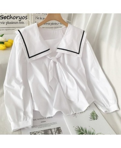 Sailor Collar Blouses Women France Style Bow Puff Sleeve Patchwork Shirts Elegant Casual Chic Fashion Design Simple Students ...