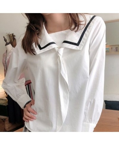 Sailor Collar Blouses Women France Style Bow Puff Sleeve Patchwork Shirts Elegant Casual Chic Fashion Design Simple Students ...