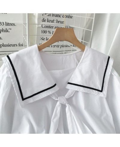 Sailor Collar Blouses Women France Style Bow Puff Sleeve Patchwork Shirts Elegant Casual Chic Fashion Design Simple Students ...