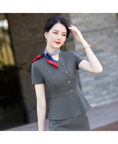 Fashion Summer Women Business Suits Skirt and Blazer Set Short Sleeve Jacket Work Ladies Navy Blue (Scarf Not Included)) $103...