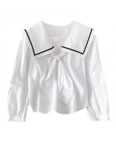 Sailor Collar Blouses Women France Style Bow Puff Sleeve Patchwork Shirts Elegant Casual Chic Fashion Design Simple Students ...