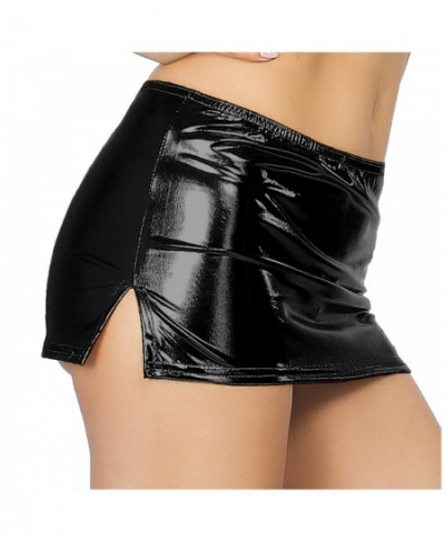 Women Fashion Micro Skirt Shiny Metallic Faux Leather Split Skirt Night Club Pole Dancing Low Waist Elastic Waistband $15.22 ...