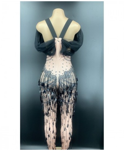 Women Sexy Mesh Tassel Sequin Bodysuit Nightclub Prom Celebration DJ Singer Stage Jumpsuit Dancer Stretch Nude Rompers Jumpsu...