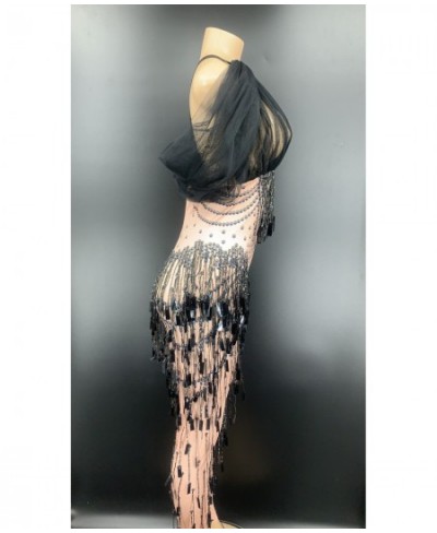 Women Sexy Mesh Tassel Sequin Bodysuit Nightclub Prom Celebration DJ Singer Stage Jumpsuit Dancer Stretch Nude Rompers Jumpsu...