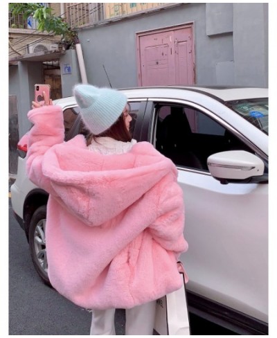 2023 Women Sweet Pink Fur Coats Female Winter Thick Warm Streetwears Korean Hooded Faux Rabbit Hair Fur Coat Oversize $75.42 ...