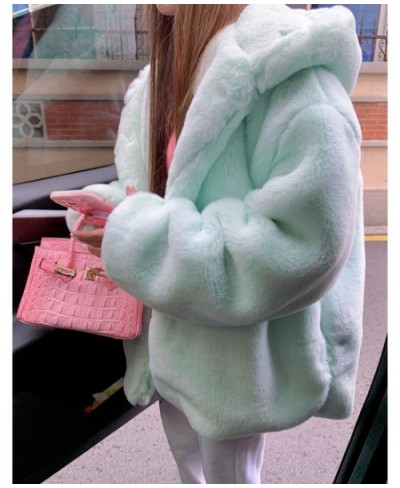 2023 Women Sweet Pink Fur Coats Female Winter Thick Warm Streetwears Korean Hooded Faux Rabbit Hair Fur Coat Oversize $75.42 ...