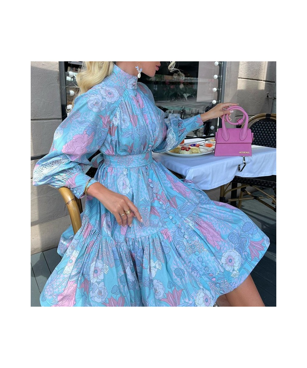 Spring Autumn Woman Printed Long Sleeve Boho Midi Dress Elegant High Waist Stand Collar Buttons Slim Dresses Lady Party $42.7...