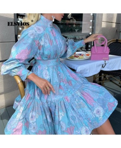 Spring Autumn Woman Printed Long Sleeve Boho Midi Dress Elegant High Waist Stand Collar Buttons Slim Dresses Lady Party $42.7...