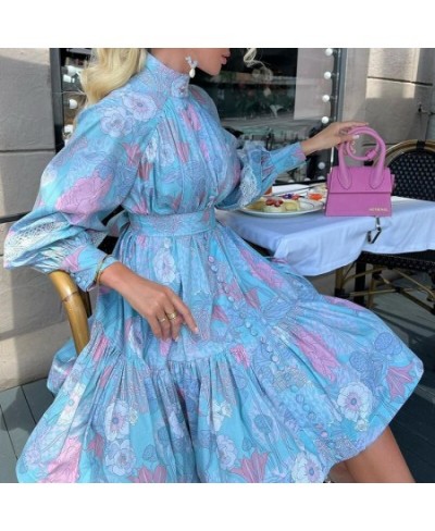 Spring Autumn Woman Printed Long Sleeve Boho Midi Dress Elegant High Waist Stand Collar Buttons Slim Dresses Lady Party $42.7...