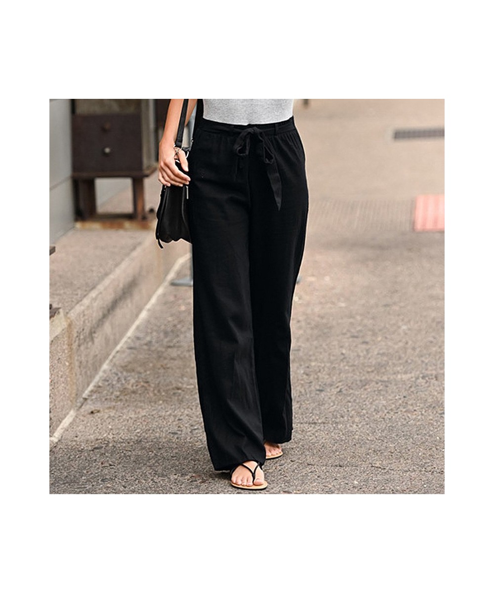 Women Cotton Linen Pants Fashion Solid Color Elastic Waist Loose Straight Pants Female Ankle-length Trousers Summer Casual $3...